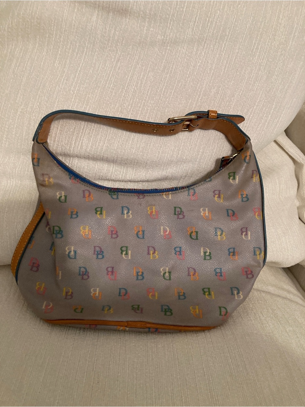 Dooney & Bourke Gray Multicolor DB Logo Shoulder Bag with Tan Trim